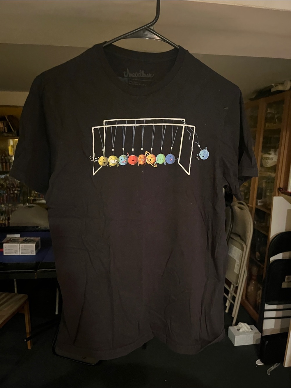 Threadless Kids Black Tee with Colorful Planet Newton's Cradle Graphic